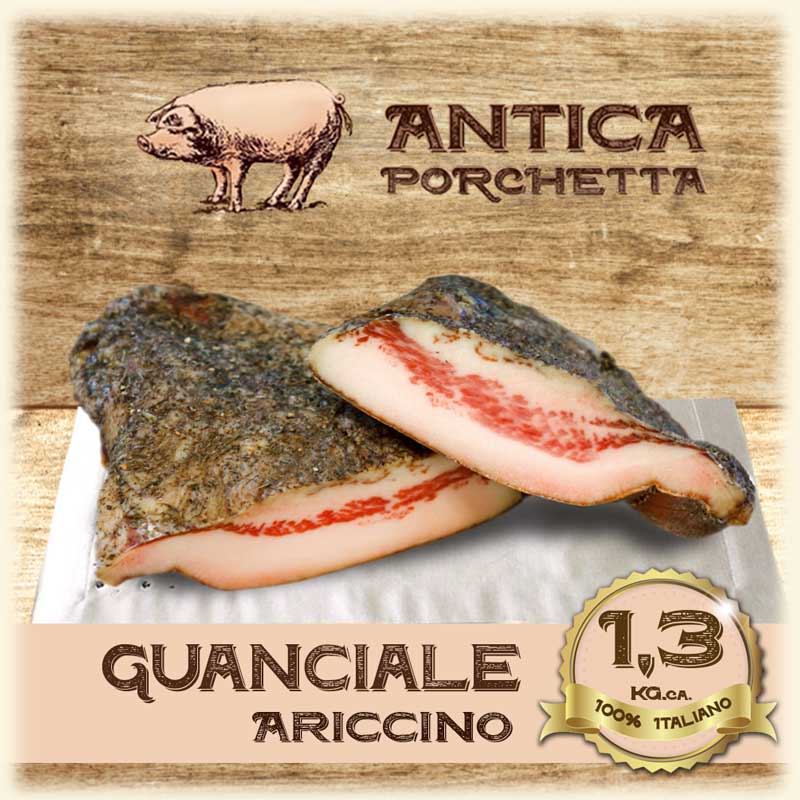 Guanciale-ariccino-da-1,3-Kg,-circa Guanciale di Suino Ariccino 1,3 Kg. circa Guanciale di Suino Ariccino prodotto nelle varianti dolce e piccante e affumicato.