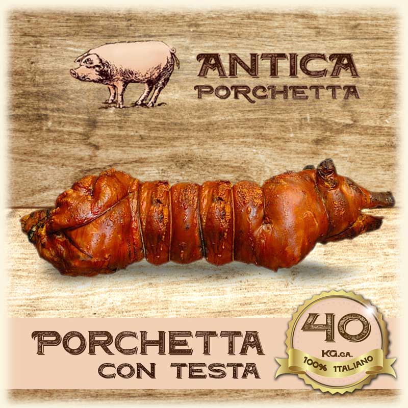 La classica e versatile porchetta con  testa  prodotta ad Ariccia nella sua versione più celebre che ha conquistato i palati europei, preparato con amore ed aromi freschi, come rosmarino ed aglio a Km. zero pepe e sale della migliore qualità. Imballato sottovuoto per garantire la freschezza e croccantezza della crosta (cotenna)  e spedito in Italia ed Europa con corriere espresso.